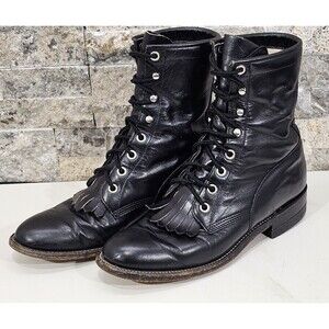VTG Justin Womens Boots Leather Lace-R Kiltie Ropers Black Cowgirl 90s Size 5.5